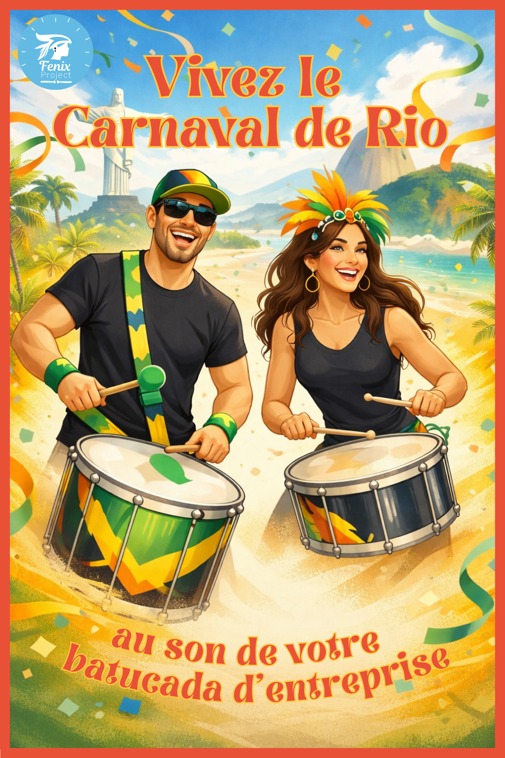 Affiche promouvant nos batucadas d'entreprises mettant à l'honneur le carnaval de Rio